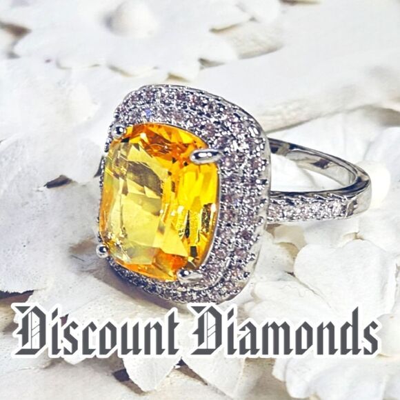 Vivid Yellow Sapphire & White Baguette Diamond Ring 4.89 TCW. on 925 Silver - Picture 3 of 5